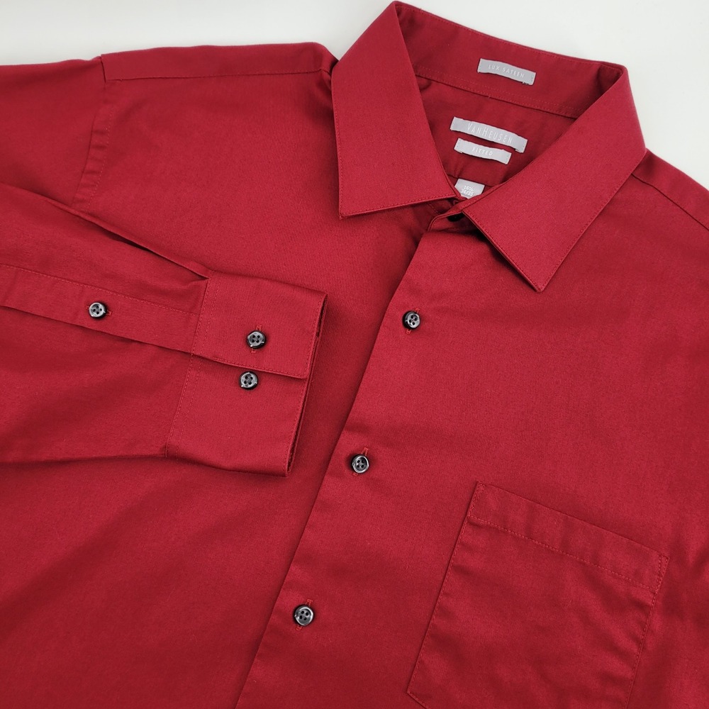 Van Heusen Lux Sateen Mens L Preppy Fitted Dress Shirt Burgundy Red 16.5 34/35 - Picture 1 of 9